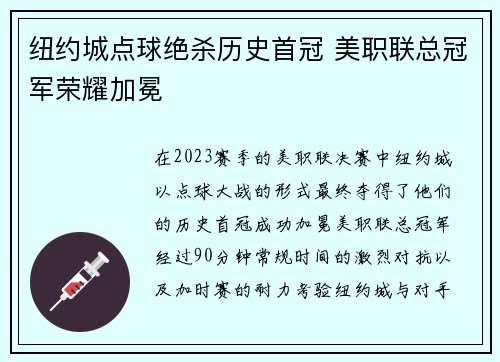 纽约城点球绝杀历史首冠 美职联总冠军荣耀加冕 纽约城点球绝杀历史首冠 美职联总冠军荣耀加冕