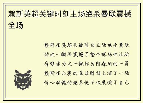 赖斯英超关键时刻主场绝杀曼联震撼全场